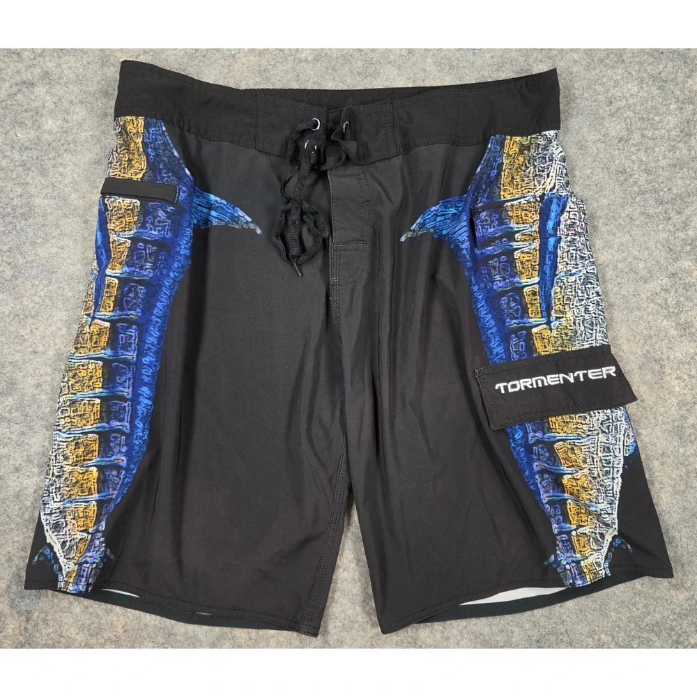 Tormenter Mens Marlin Graphic Board Shorts Black Blue Yellow Size 36 Swim Trunks